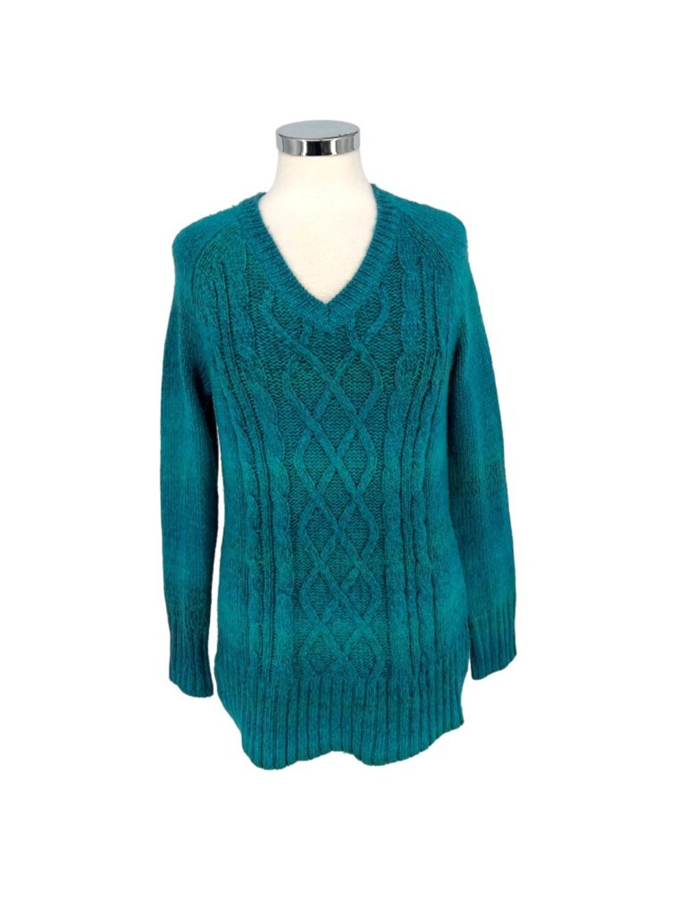 prAna Leisel Teal Ombre Cable Knit V-Neck Sweater Long Sleeve Size Large